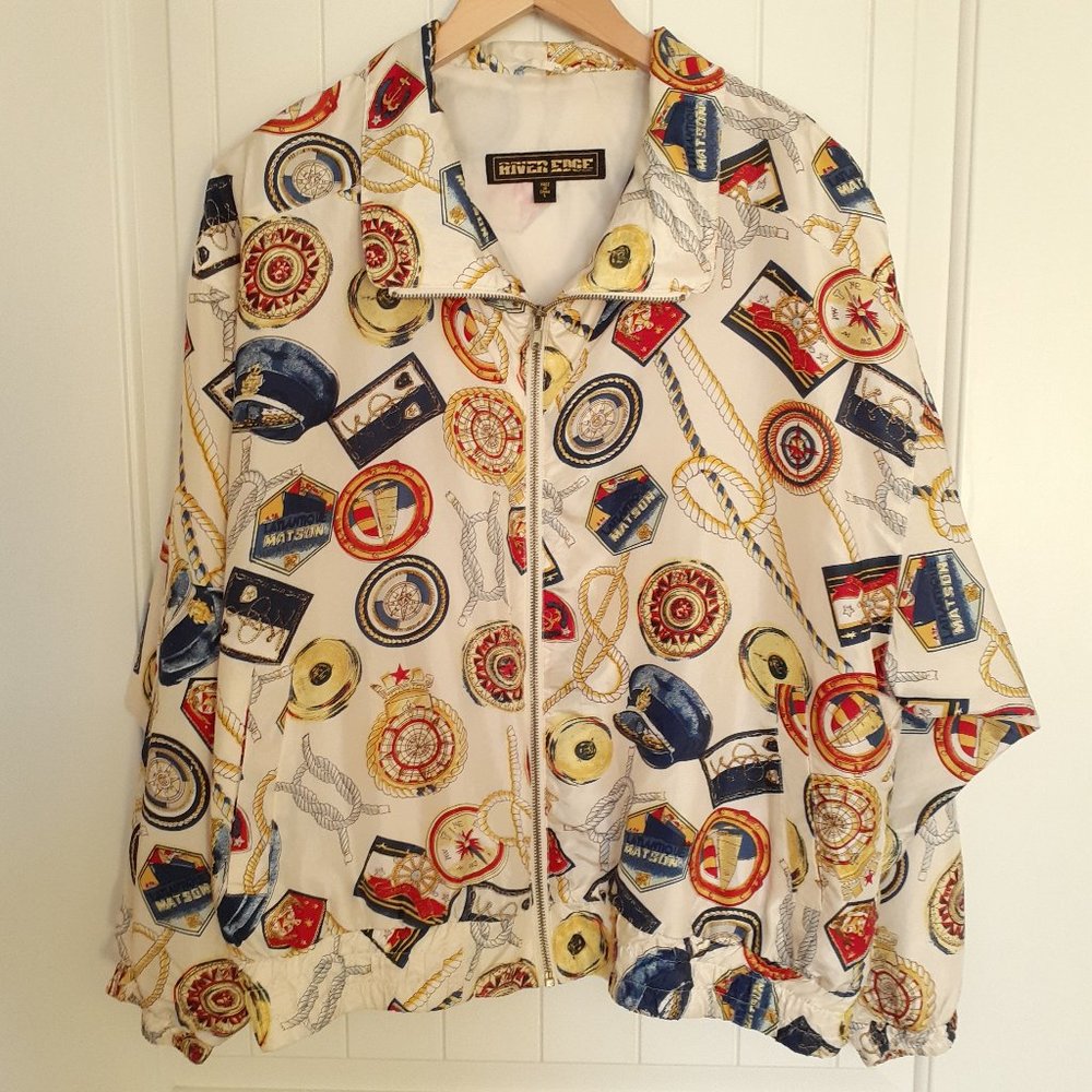 Vintage River Edge Silk Nautical Print Bomber Jacket Cream Blue Red Size L